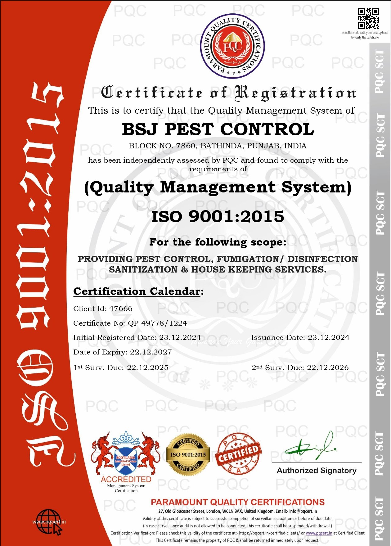 BSJ Pest Control ISO Certificate